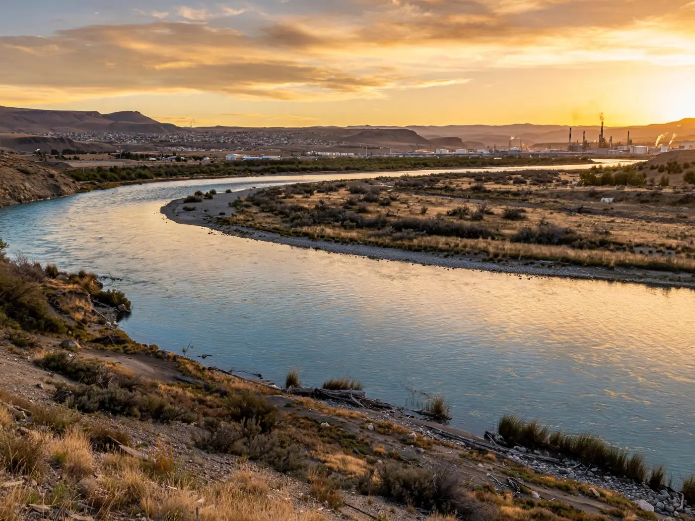 Río Limay cerca de la ciudad de Neuquén con instalaciones industriales en la distancia