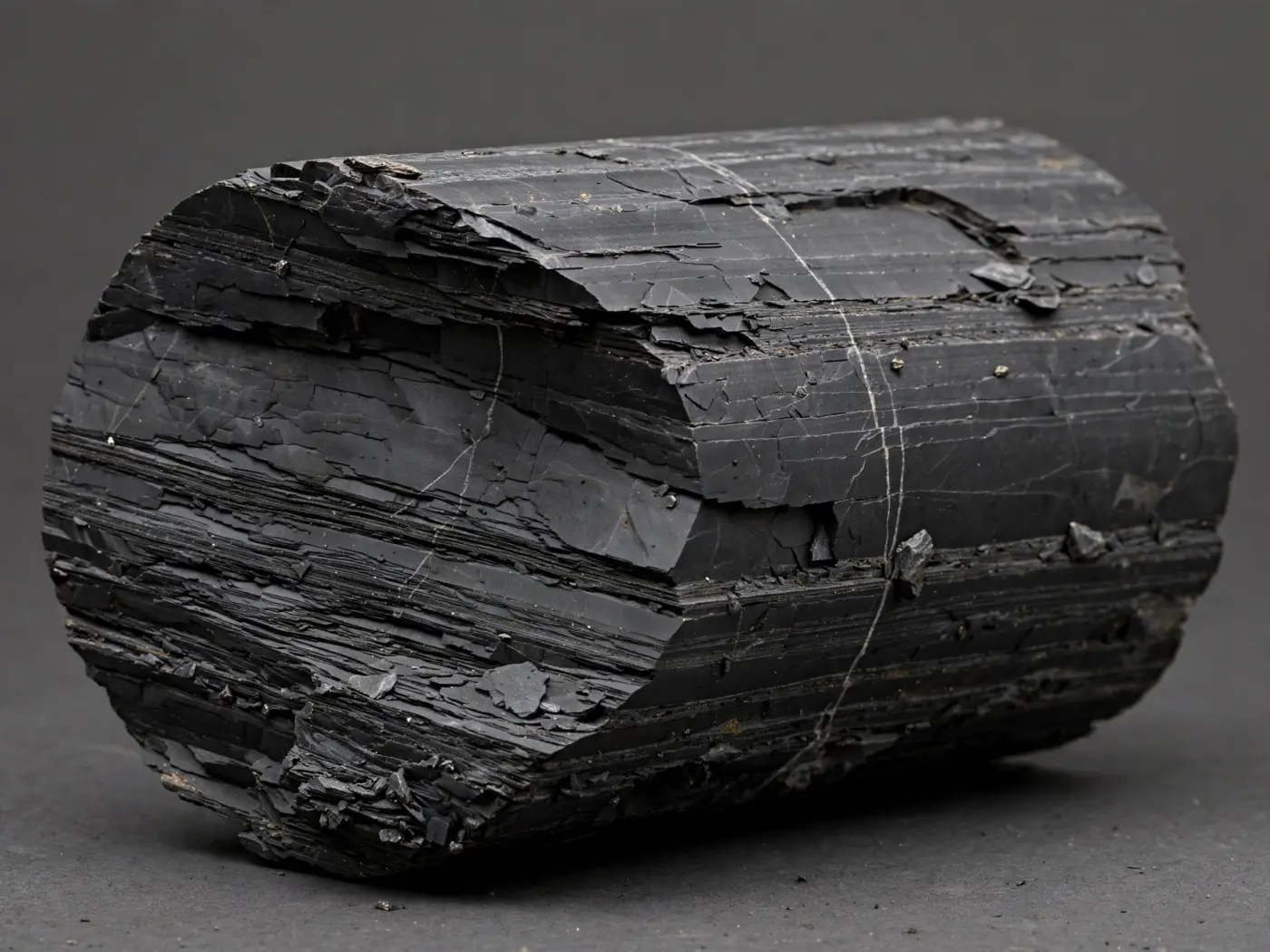 Muestra de testigo de roca de lutita negra bajo luz de estudio